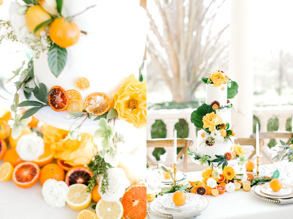 Vibrant orange cake with florals photographed by Virginia Wedding Photographer Sarah Botta Photography at Great Marsh Estate