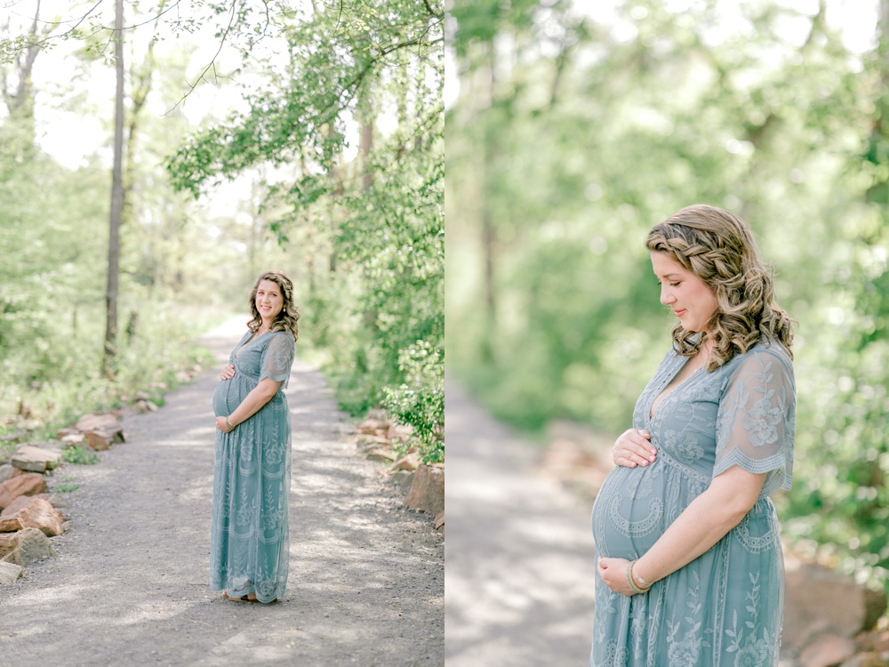 Maternity session outdoors with Sarah Botta Photography. Pregnant woman holding bump.