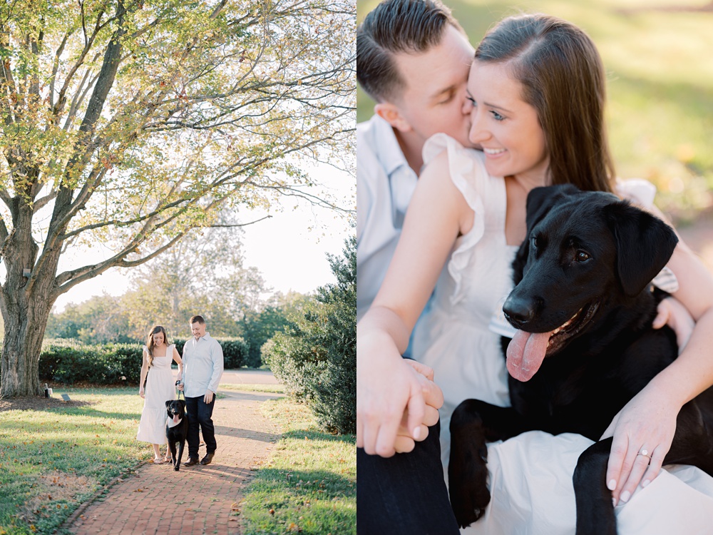 Engaged couple walking their black lab down the road during their engagement session photographed by Virginia Wedding Photographer Sarah Botta Photography